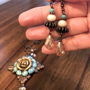 Clay necklace and earring set, Turquoise, yellow and some bling!